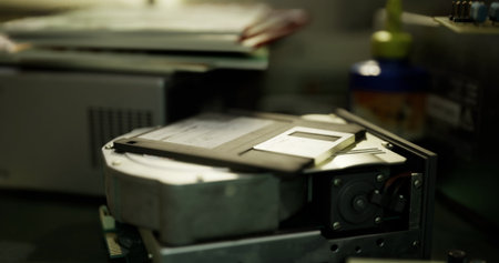 Amidst old machinery, a classic floppy disk rests on a disc drive, evoking memories of past tech....