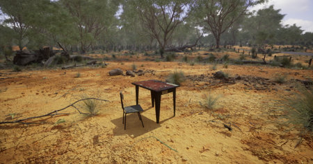 In an arid Australian environment, a solitary table and chair sit amidst dry earth and sparse...