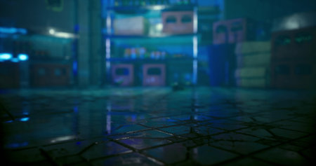 In a dimly lit urban corner, colorful crates are stacked on shelves, surrounded by shadows....