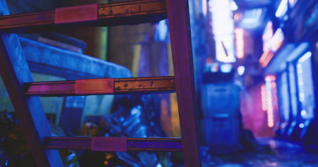 A narrow alley in a bustling city comes alive with bright neon lights reflecting off surfaces. A...