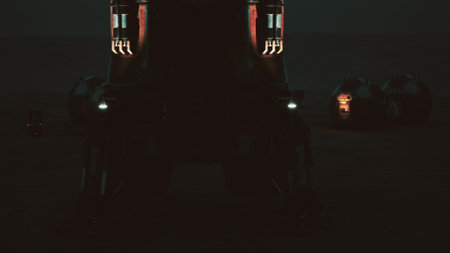 The Mars colony base features advanced habitat structures illuminated at night. Lights from the base...