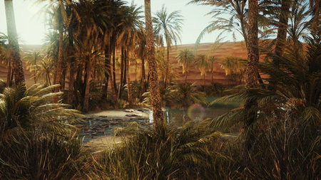 Golden dunes rise majestically behind a vibrant palm oasis, bathed in the soft light of dawn. Water...