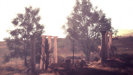 Sunlight filters through trees, illuminating ancient columns standing proudly in a serene, grassy...