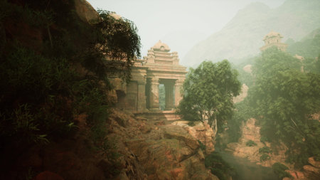 A painting depicting a mountain landscape with lush trees and an ancient Cambodian temple in the...