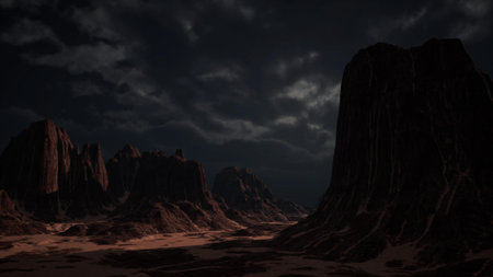 A dramatic desert landscape unfolds as the twilight envelops towering rock formations. Dim light...