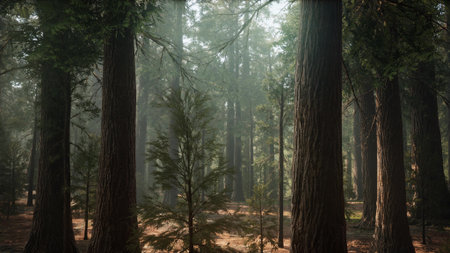 Soft rays of morning light illuminate the forest, creating a serene atmosphere. Towering trees stand...