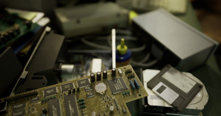 Various electronic components, including an old circuit board, clutter a worktable filled with tools...