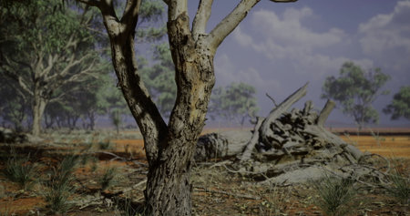 A parched landscape features twisted trees and remnants of logs strewn across the ground. The dry...