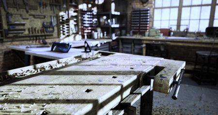 A well equipped workshop is illuminated by natural light streaming through large windows. The focal...