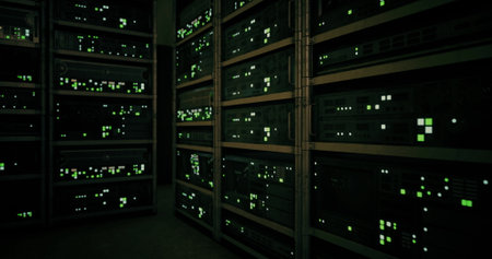 In a dark data center, glowing green lights on server racks illuminate the surroundings, showcasing...