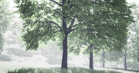 A tranquil outdoor space features tall, verdant trees swaying gently in the breeze. Soft mist...