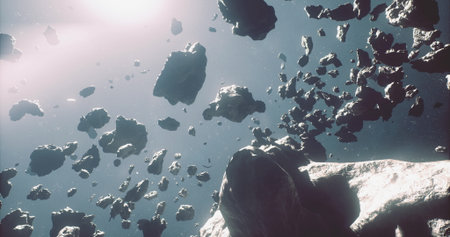 Numerous asteroids drift through the vastness of space, illuminated by rays of light, showcasing a...
