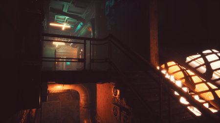 Dimly lit passageways adorned with colorful lights create an enigmatic atmosphere in an underground...