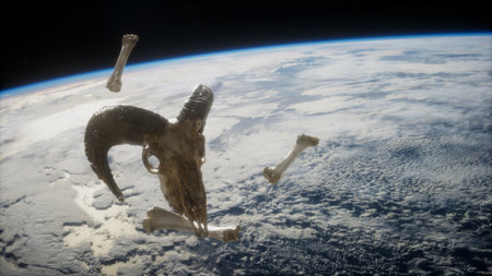 A ram skull drifts in space surrounded by bone fragments, showcasing an intricate dance against the...