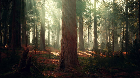 Golden rays of sunlight pierce through the towering trees, illuminating the forest floor. A tranquil...