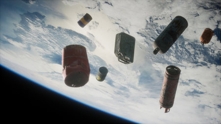 Various containers and debris are seen drifting in low Earth orbit against the backdrop of Earth....