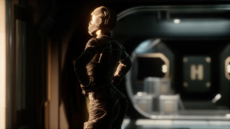 A figure in a high tech space suit stands in a modern habitat, gazing out into the void. The ambient...