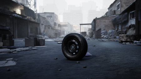 A solitary tire sits in the center of a deserted street, surrounded by debris and dilapidated...