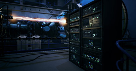 Robots interact in a modern facility, showcasing energy transfer technology. High end equipment...