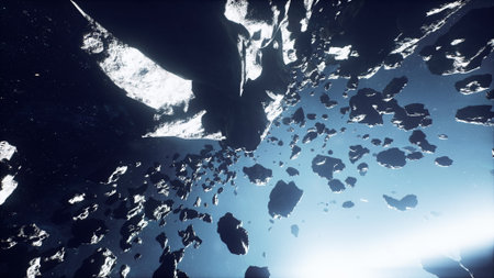 dangerous asteroid field stretching across a misty nebula
