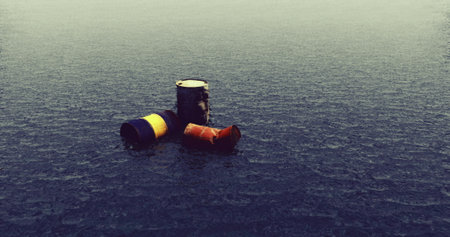 Floating barrels in a body of water create a striking contrast against the serene gray atmosphere....