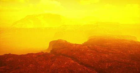 A striking landscape showcases rugged terrain with orange and yellow tones, creating an otherworldly...