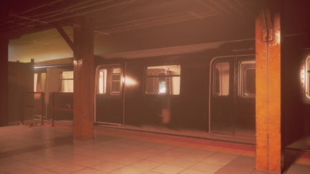 At a quiet subway station, a train rests in stillness beneath the glow of soft lights. The wooden...