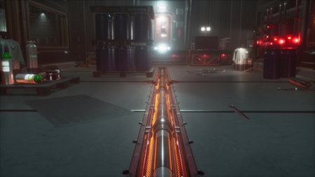A high tech laboratory filled with glowing panels and machinery. Bright lights illuminate the space,...