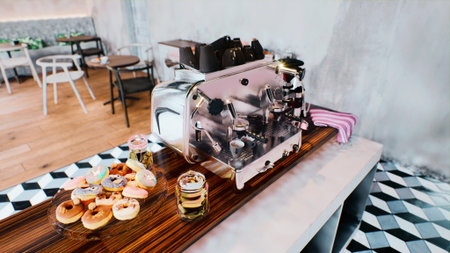 Bright and welcoming cafe showcases a shiny coffee machine alongside a variety of donuts on a wooden table. Soft seating and modern decor create a pleasant atmosphere for relaxation.の写真素材