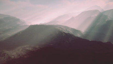 Soft rays of sunlight filter through the misty atmosphere, casting a serene glow over the majestic...