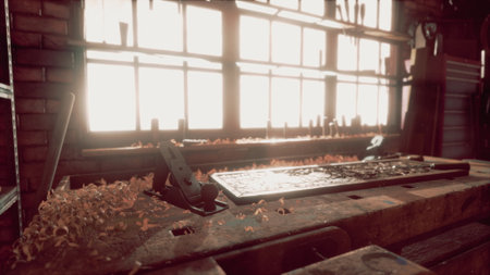 Sunlight pours through large windows, illuminating a cozy workshop. Wood shavings scatter across a workbench where creative projects await completion. The atmosphere inspires craftsmanship.の写真素材