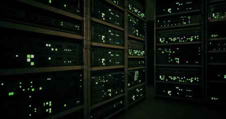 Rows of servers are situated in a dark data center, with bright green status lights flickering. The...