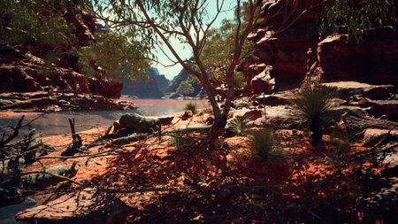 A serene desert oasis under a bright sky features lush green plants and clear water. Red rock...