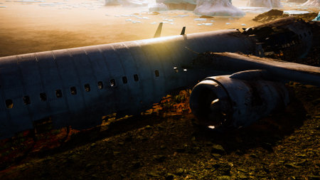A large airplane wreck rests against a rugged terrain, bathed in the golden light of sunset. Distant...