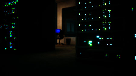 In a darkened room, colorful lights from data servers dance against the walls. A lone desk with a...