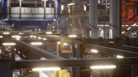 Inside a bustling factory, intricate machinery and sophisticated lighting highlight an environment...