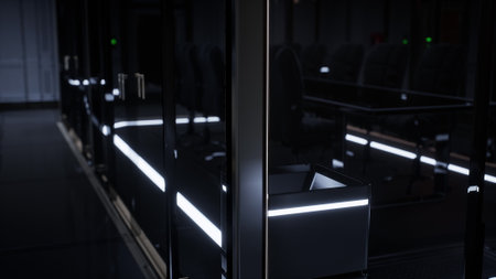 In a contemporary conference room, soft lighting highlights a sleek table surrounded by dark chairs....