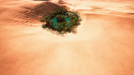 An enchanting oasis lies amidst vast dunes, featuring clusters of lush palm trees that provide shade...