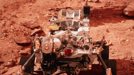 A robotic explorer navigates the rugged terrain of Mars. Dusty rocks and reddish soil surround the...