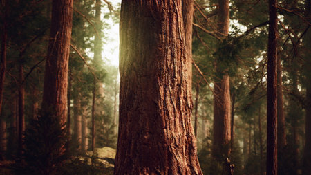 Sunlight filters through tall trees in a serene forest. The trunks display deep grooves, while the...