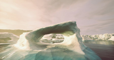 A stunning ice arch rises above the calm waters of the Arctic, illuminated by the warm glow of a...