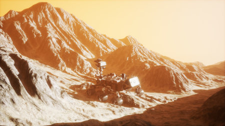 The rover navigates the rugged Martian landscape during an otherworldly dusk, casting long shadows...