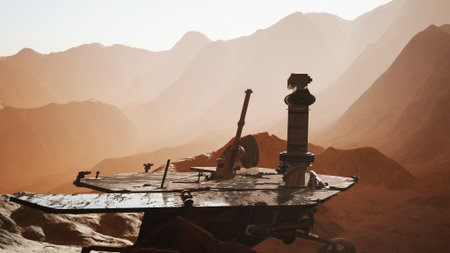 In a vast Martian terrain, the Opportunity rover stands resilient against the backdrop of reddish...