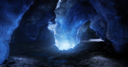 A group of adventurous explorers navigates through a mesmerizing blue ice cave. The ethereal glow...