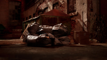 In a dimly lit alleyway, several garbage bags and a cardboard box sit against a weathered brick...