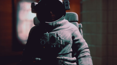 In a dimly lit environment, a figure in a spacesuit stands with a commanding presence. The backdrop...