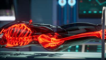 Brightly illuminated bones float within a high tech environment, showcasing an advanced understanding of human anatomy. Glowing details highlight the complexity of the skeletal system.の写真素材
