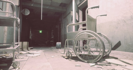 An abandoned hospital corridor shows old wheelchairs and scattered papers on the ground. Dim light...