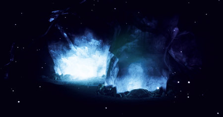 A mesmerizing display of luminous crystals emerges from the rugged terrain of an underground cave....