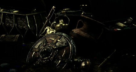 A collection of ancient artifacts including a shield, gold coins, and pottery scattered in a dimly...